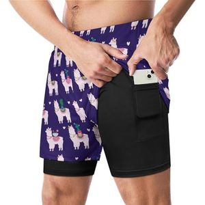 Leuke lama en bloemen, cactus grappige zwembroek met compressie voering en zak voor mannen board zwemmen sport shorts