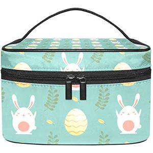 Leuke Dieren Gezichten Make-up Tas Voor Vrouwen Meisjes Cosmetische Tassen Met Handvat Reizen Make-up Organizer Tas, Schattige Cartoon Konijn & Ei Blauw, 8.9x5.9x5.4 Inches, Make-up Pouch