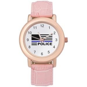 US Police Blueline Zwarte Vlag Vrouwen Horloge PU Strap Polshorloge Quartz Roze Valentijnsdag Gift