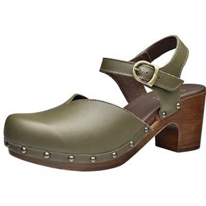 Sanita Non Wood Solaima Leren sandaal, origineel handgemaakt voor dames, voetbed met zacht schuim, verstelbare enkelriem, olijfgroen, 37 EU