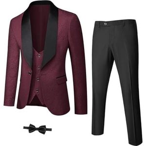 Heren 3-delige luxe smoking set jacquard slim fit sjaal revers jas vest en broek premium smoking voor mannen, Bordeaux, 5XL