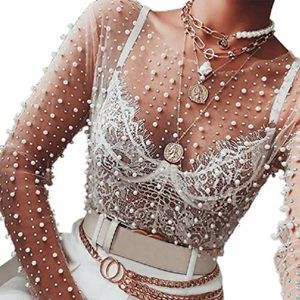 Womens Lange Mouw Sheer Mesh Crop Top Glanzende Parels Voor Strass O-hals Pullover Shirt Blouse Slanke Cover Up Party Club Lange Mouw Mesh Kant Crop Top