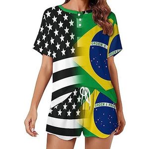 Zwart-wit USA Braziliaanse vlag mode 2 stuks dames pyjama sets korte mouw nachtkleding zachte loungewear stijl-32