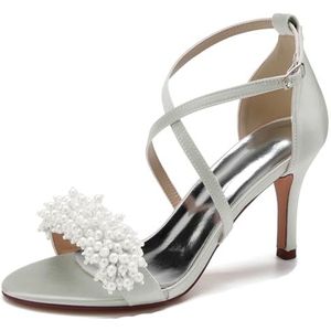 SYDZSW Ivoor satijn trouwschoenen met naaldhak bruidsschoenen met hoge hakken sandalen bruidsschoenen bruid 35-42, Zilver, 35 EU