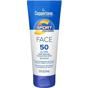 Coppertone Sport Zonneklep voor het gezicht, zinkoxide, minerale gezichtszonneklep, SPF 50, olievrije zonneklep, reisformaat, tube van 60 ml