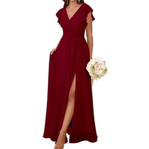 AHERKLL Bruidsmeisjesjurken met korte mouwen voor bruiloft ruches chiffon formele avondfeest maxi-jurk met steekzakken HAH059, Bordeaux, 32