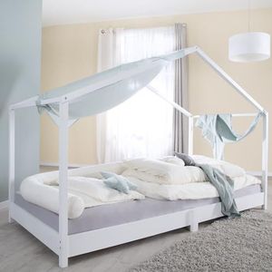 roba Huisbed 90 x 200 cm met lattenbodem, bodemdiep kinderbed volgens Montessori-principe, uitbreidbaar met huisdekbedovertrek, wit gelakt hout