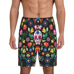 Heren suiker en schedels en bloemen print lounge shorts pyjamabroek nachtkleding shorts kerst shorts losse sportbroek, Zwart, 3XL