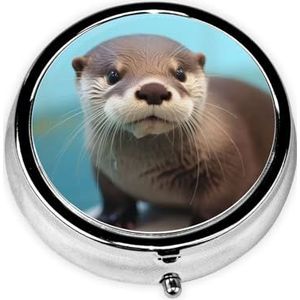 Schattige schattige otter draagbare pillendoos - ronde pillenorganisator, doseerkoffer, 3 compartimenten medicijnpillendoosje voor reizen, kleine pillendoos voor portemonnee en zak