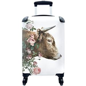 MuchoWow® Koffer - Schotse Hooglander - Bloemen - Roze - Past binnen 55x40x20 cm en 55x35x25 cm - Handbagage - Trolley - Fotokoffer - Cabin Size - Print