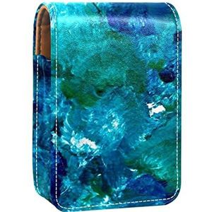Draagbare Lipstick Case voor op reis, Mini Lipstick Opbergdoos met spiegel voor vrouwen dames, Lederen cosmetische etui Blauw Groen Brush Strokes Paint, Meerkleurig, 9.5x2x7 cm/3.7x0.8x2.7 in