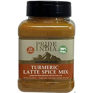 Pride Of India - Organic Turmeric Latte Spice - 7oz (200gm) Sifting Jar - Veganus 6 Spice Blend - Maak onmiddellijk perfecte gouden melk en smoothies - Geen vet/suiker - Cafeïne/zuivelvrij