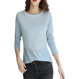 Dvbfufv Vrouwen Lente Geborduurde T-shirts Vrouwen Casual Lange Mouwen O-hals Shirts Vrouwelijke Elegante Koreaanse Tops, Blauw, XL