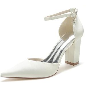 GHSIRUEU Witte Trouwschoenen Voor Dames, Satijnen Pumps, 3,34 Inch Blokhakken, Avondfeest Trouwschoenen,ivoor,36 EU