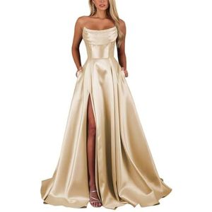 KIYNE Strapless satijnen baljurk voor dames, met splitzakken, A-lijn, baljurk lang, formele avondjurk, Champagne, 34