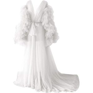 Lange Mouw Geplooide Moederschap Tule Gewaad Voor Fotoshoot Zwangere Badjas Pure Lingerie Nachtjapon AH141, Wit, 32