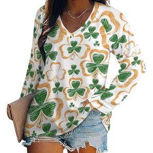 St. Patrick's Day Ierse Shamrock dames casual T-shirts met lange mouwen V-hals bedrukte grafische blouses Tee Tops 4XL