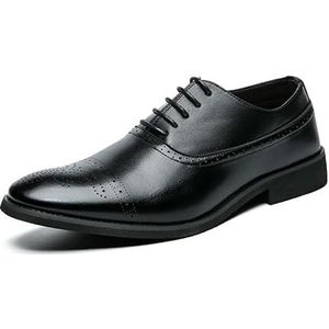 Oxford Dress Schoenen for Heren Vetersluiting Ronde Neus Brogue Gebosseleerde PU Lederen Kap Teen Oxford Schoenen Lage Top Antislip Rubberen Zool Antislip Klassiek(Black,45 EU)