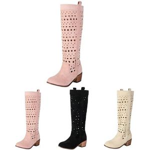 Hollow Out Enkellaarsjes Dames Zomer Western Cowboy Laarzen Retro Suède Lange Laarzen Ronde Neus Rijlaarzen Met Blokhak Dames Casual Brede Buis Instapschoenen(Pink,43 EU)