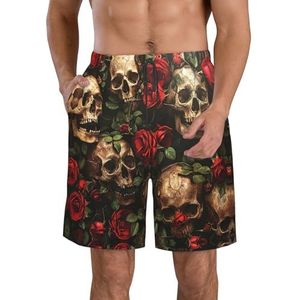 MGGAklp Schedel en rode roos print heren casual shorts elastische taille trekkoord lichtgewicht outdoor zomer strand shorts, Wit, S