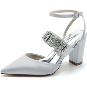GHSIRUEU Slingback Strass Hakken Voor Dames Gesloten Pompen Met Puntige Neus Enkelbandje Satijnen Trouwjurk Schoenen,Zilver,36 EU