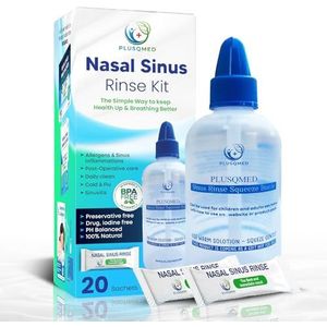 Sinus Rinse Kit, Knijpfles, Neti Pot,+20 Zoutzakjes, Originele Plusqmed, Nasale wassing, Sinus Spoelen, Volwassenen, Kinderen vanaf 2 Jaar Oud, Neusdouche voor neusreiniging en nasale spoelen,