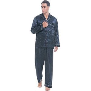 Lavenderi Zijden satijnen pyjamaset met lange mouwen voor heren, zijdeachtige pyjama nachtkleding, Print marine, L