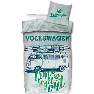 VW Volkswagen Bulli Beddengoed Time 135 x 200 cm + 80 x 80 cm 100% katoen flanel kwaliteit VW bus oldtimer auto retro type 2 T1 T2 T3 T4 camper bestelwagen met ritssluiting Duitse maat 099