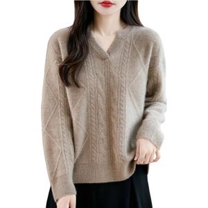 Kasjmier Gebreide Trui Grof Gebreide Kabeltrui for Dames Tops Met V-hals En Lange Mouwen Elegante Effen Gebreide Pullover Casual Losse Wintertrui(Brown,XL)