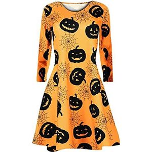 StyleWear Womens lange mouw Halloween partij swing jurk dames ronde hals schedel print horror partij uitlopende swing jurk, Pompoen Oranje, 42/44 NL