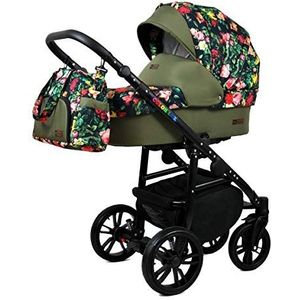 Kinderwagen 3 in 1 complete set met autostoeltje Isofix babybad babydrager Buggy Colorlux Black van ChillyKids Roses Tulips on Black 3in1 (inclusief autostoeltje)