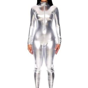 Vrouwen Patent Leather One Piece Stand Collar Full Body Suit Wetlook Leather Ritssluiting Achterkant Catsuit Clubwear(Silver,XXX-Large)