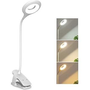 Oplaadbare LED-klem Bureaulamp Flexibel, 3 kleuren en 3 helderheid, Touch Control Bedlampje Dimbaar, Draadloos Batterij-aangedreven LED-leeslamp Clip op bed voor kinderkamer (Wit)