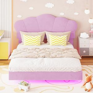 Idemon Gestoffeerd bed, 140 x 200 cm, met sfeerverlichting, wolkvormig hoofdeinde, verborgen voeteneinde-design, tweepersoonsbed voor jeugd, fluwelen stof, matras niet inbegrepen, roze