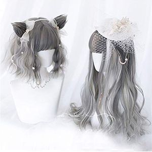MTnoble 30 / 65CM Blond Mixed Gray Short lange golvende Bangs Cat Earshot Pruik for Lolita Cosplay (Color : Wig, Stretched Length : 12inches)