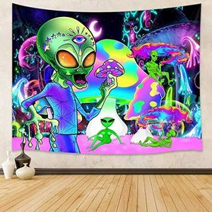 wandtapijt tapijten tapestries muur hangend,Cool Alien Tapestry Voor Mannen, Psychedelische Trippy Funny Alien Blacklight Tapestry, Esthetisch Kleurrijk Tapijt Voor Slaapkamer,A-08,95x73CM