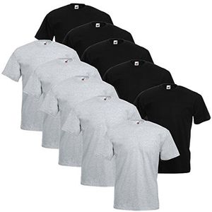 Fruit of the Loom T-shirt, met V-hals, in verschillende maten en kleuren, 10 stuks, 5 zwart/5 grijs., XL