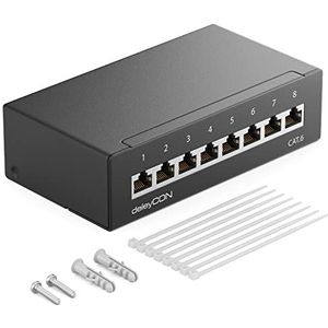 deleyCON CAT 6 Patchpaneel 8 Poorten 1U Desktop- & Wandmontage Afgeschermd 8x RJ45-Bus LAN Netwerk Installatiekabel TIA568A TIA568B RAL 9005 Zwart