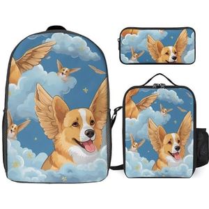 Corgi met vleugels hond 3 stuks laptop rugzak set 17 inch lichtgewicht dagrugzak met lunchbox potlood etui voor reizen werk