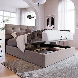 VSOGA Hydraulisch gestoffeerd bed, eenpersoonsbed, 90 x 200 cm, verstelbaar hoofdeinde, fluweel, modern bedframe met metalen frame, lichtgrijs