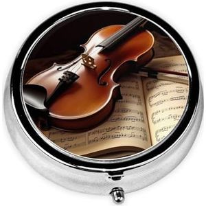 Pillendoosje met spiegel, retro pillendoosje met 3 vakken, viool en boek, kleine pillenorganizer voor portemonnee of zak, decoratieve metalen medicijnen, vitamine-organizer, unieke geschenken