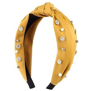Fashion Luxury Jeweled comfortabele zachte stof top knoop parels knopen hoofdband versierd top haarband parel strass breedte rand (geel)