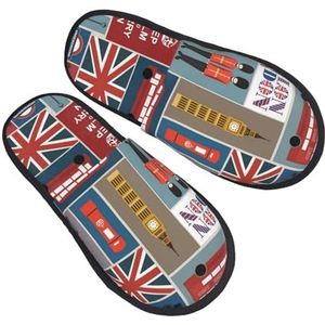 BONDIJ Engeland Symbolen Print Slippers Zachte Pluche Huis Slippers Warme Slip-on Slides Gezellige Indoor Outdoor Slippers voor Vrouwen, Zwart, one size