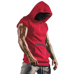 Lomon Tanktop voor heren, mouwloos spiershirt, workout, sport, fitness, hoodie, onderhemd met zakken voor mobiele telefoon, rood, S