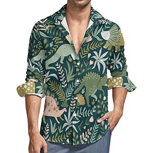 Dinosaurus en tropische bladeren bloemen heren Hawaiiaanse shirts lange mouwen casual button down strand shirt grappige top