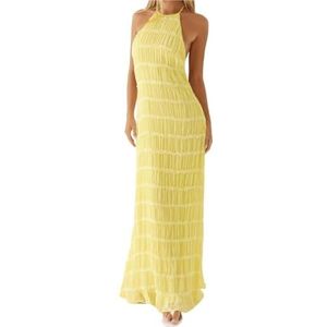 Vrouwen Halter Flowy Vakantie Lange Jurk, Sexy Strandjurk, Zomerjurken(Yellow,XL)