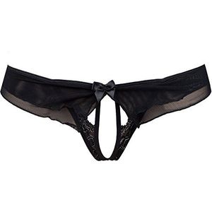 Axami Open G-String Zwart met Zilveren Borduurwerk - Hoge Kwaliteit met Kant en Borduurwerk M Zwart-zilver