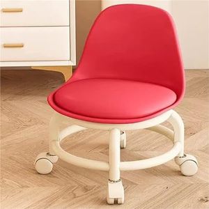 FXLUHAY Lage rolstoel wielkruk stoel PU lederen rolkruk stoelen op wielen voor thuiskantoor fitness ronde roller stoel kruk (rood)