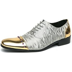 Oxford schoenen for heren met vetersluiting, gouden en zilveren tweekleurige patchwork kunstleer, rubberen zool, antislip blokhak, bruiloft (Color : Golden and Silver, Size : 38 EU)