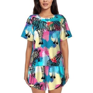 YJxoZH Gekleurde Zebra Print Womens Zomer Pyjama Sets Nachtkleding Dames Korte Mouw Nachtkleding Pjs Lounge Met Zakken, Zwart, XXL